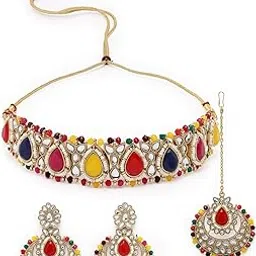 sukkhi Incredible Drop Shaped White Kundan & Beads Studded Choker Necklace Set For Women-picture-24