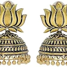 cosmo dust Traditional Lotus Design Jhumka Earrings, Antique Gold Finish, Dome Shaped Temple Jewellery with Beaded Border for Women-picture-10