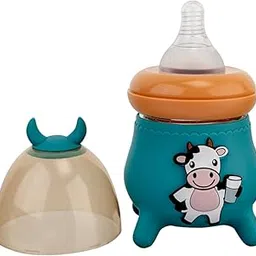 NVS KIDS Baby Feeding Glass Bottle with Heavy Silicon Cow Design Cover (Blue)-picture-26
