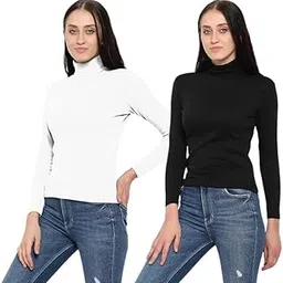 Tora Pack of 2 Casual Full Sleeve Slim Fit High Neck | Turtle Neck Cotton Stretchable Solid T-Shirt for Women & Girls-image-4