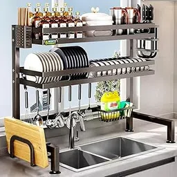 IBELL Over Sink Dish Rack for Kitchen, Bartan Stand for Drying, Carbon Steel, 2 Layer, Drainer Shelf/Kitchen Organizer/Utensils Storage (IBLDR295, Black) 25.5 x 95 x 81 cm-picture-51
