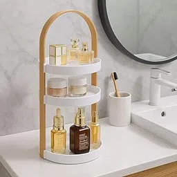 3-Tier Rotating Bathroom Organizer | Vanity Counter Cosmetic Storage Tower | Modern White & Gold Makeup Organizer Stand with 360° Spinning Base (50cm Height)-image-32