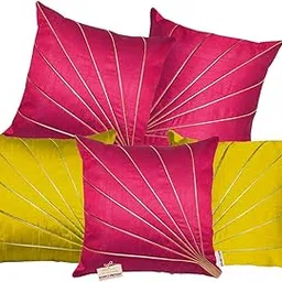 indoAmor Stripes Pattern Silk Cushion Covers (Pink & Yellow, 16x16 inches) - Set of 5 Pieces-picture-15