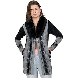 ladywillington Lady Willington Women Woolen Fur Neck Shrug Heavy Hair Fabric Cardigan Winter Wear Pure Wool Shrugs for Women Free Size Long Cotty Fully Warm Cardigan Free Sizes-picture-31