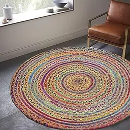 Fernish Decor Jute Cotton Braided Reversible Rug for Living Room Bedroom Kitchen Entryway | Boho Stylish Multicolor Mat (120 CM Round)-picture-50