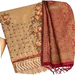 ethnicjunction Women's Chanderi Zari Checks Handwork Embroidery Unstiched Dress Material With Banarasi Dupatta (Orange), Free Size-picture-39