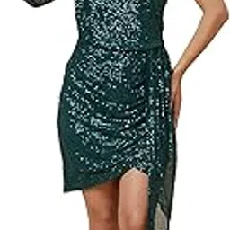 globus Women One Shoulder Bishop Sleeve Sequinned Bodycon Mini Party Dress (S to 3XL)-picture-25