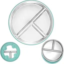 NYALA Stainless Steel Toddler Plates Silicone Suction, Non-Slip Baby Plates BPA Free,Unbreakable Dishwasher Safe (Silicone Plate Green) image 1