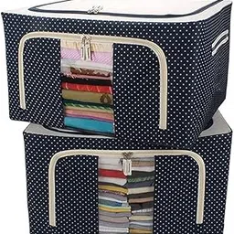 Iconique empire Foldable Storage Boxes Set of 2, Navy Polka Dot Pattern, Oxford Fabric with Steel Frame, Clear Window for Clothes, Sarees, Bedsheets-picture-20