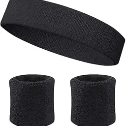 DESCTIDY Moisture Wicking and Non-Slip Exercise Workout Cotton Headband and Wrist Band for Men and Women (Black, 1 Pair)-image-6