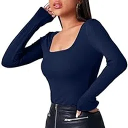 glare & blair Solid Square Neck Long Sleeve Casual Stylish Western Ribbed Tops for Women-picture-44