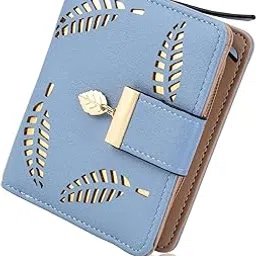 nawokeeny Ladies Purse Wallet, Womens Small Bifold Leather Purses Handbag with Cash, ID, Credit Card Holder Hollow Leaf, Ladies Vegan Coin Purses Wallet Bags with Zip for Birthday Gifts, Blue, Modern-picture-46