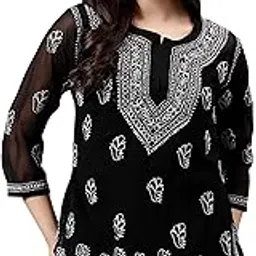 seva chikan Hand Embroidered Lucknowi Chikankari Georgette Women's Short Top Tunic with Slip SCL9115-picture-36