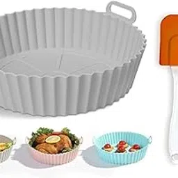 Air Fryer Silicone Liner Set, Round Basket Baking Tray with Handles, Grey, Includes Oil Brush and Spatula-picture-13