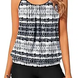 Blouson Tankini Swimsuits for Women with Shorts Strappy Bathing Suits Two Piece Swimwear, Black&white, Small-image-33
