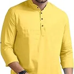 zombom Men's Cotton Blend Solid Straight Short Kurta, Regular Fit Full Sleeve Short Kurta Shirt-picture-19