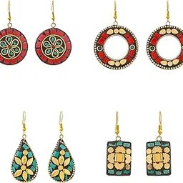qiroko Boho Charm Collection | Ethnic Traditional Handmade Tibetan Combo of Four Earrings Set For Women And Girls | Multi-Colour | Anniversary Birthday Gifts-picture-56