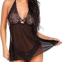 woman in you Sheer Cross Halter Neck Baby Doll Sexy Nightwear Dress with Matching Lace Thong, Comfortable Lingeirie Set for Honeymoon-picture-42
