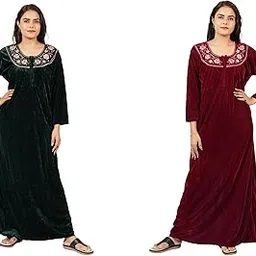 FLOSEE Women Woolen Winter Shaneel Velvet Fabric Nighty Nightgown Maxi with Pocket-picture-48