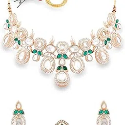 zaveri pearls Green Stones Dazzling Austrian Diamonds Rajwada Necklace Earring & Ring Set For Women-ZPFK18433-picture-27