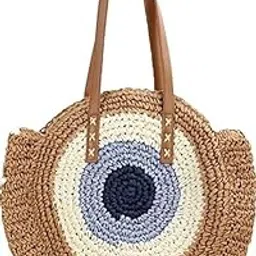 Straw Wicker Handmade Boho Summer Beach Round Shoulder Bag Evil Eye 44.3 x 5.7 x 33.3 Centimeters-picture-42