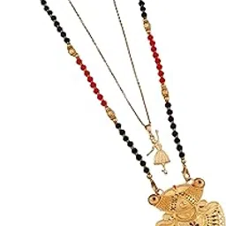 malkyn Women's Gold Plated Floral Motif Mangalsutra with Red Enamel Accents and Ballerina Pendant Layered Necklace Set, Traditional Black Beaded Indian Jewelry-MD-071-picture-37