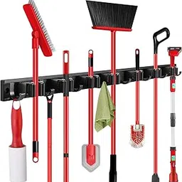 SLIIMU 30'' Broom and Mop Holder Wall Mount with Movable Sliding 7 Racks 8 Hooks-picture-49