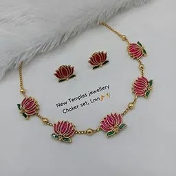 lucentarts jewellery Traditional Lotus Flower Design Necklace Jewellery Set for Women & Girls | Gold Plated Alloy with Earrings | Cubic Zirconia, Adjustable Design No TM384-picture-49