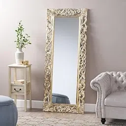 Wood encoitry Wooden Hand Carved Decorative Vertical or Horizontal Hanging Rectangular Wall Mount Mirror Fram White Gold (24 x 60) Only Frame with Out Mirror-image-74