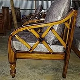 Wooden Sofa Set with Grey Cushions, Cross-Back Design, Traditional Living Room Furniture, 5-Seater-picture-14