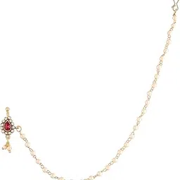 i jewels Gold Plated Traditional Ethnic Bridal Nose Ring/Nath without piercing with Pearl Chain Encased with Pearl Stone for Women/Girls (NL35)-picture-34