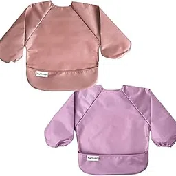 Tiny Twinkle Mess Proof Baby Bib, 2 Pack Long Sleeve Bib Outfit, Waterproof Bibs for Toddlers, Machine Washable, Tug Proof (Taupe Lilac, Small 6-24 Months)-picture-13