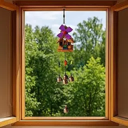 Generic Handcrafted Wooden Wind Chime with 5 Brass Bells, Decorative House Design for Home, Garden, Balcony-picture-18