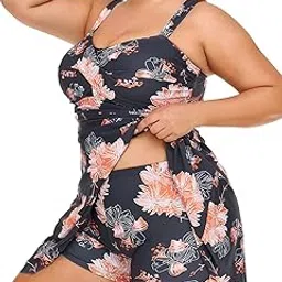 Women Plus Size Two Piece Swimsuits Flowy Tankini Swim Dress Bathing Suit with Shorts, Orange Hibiscus, 18 Plus-image-39