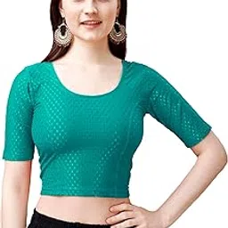 pujia mills Women's Readymade Dobby Cotton Lycra Stretchable Round Neck Half Sleeve Blouse Fancy Lycra Stretchable Blouse for Women Readymade Saree Blouse-picture-50
