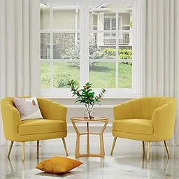 Modern Velvet Accent Chairs, Channel Tufted Round Back with Gold Metal Legs, Set of 2 High Back Chair, Chair for Living Room, Bedroom, Hallway, Guestroom (Yellow)-picture-32