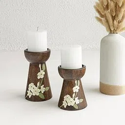 Aurum Crafts Bella Handpainted Wooden Candle Stand Set of 2 - Elegant Home Decor, Vintage Design, Decorative Holders for Dining Room, Living Room, or Special Occasions (Candles Not Included)-image-3