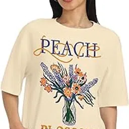 juneberry Pure Cotton Drop Shoulder Oversized Baggy Fit Cool Nature Front Graphic Printed Beige Half Sleeve T-Shirt for Women & Girls (Sizes: S to 2XL)-picture-40