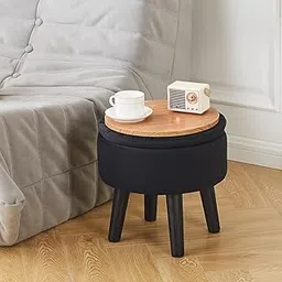 Dence Store Storage Ottoman Footstool Round Footrest Soft Padded Foot Stool with Solid Wood Legs Accent Side Table Step Stool Extra Seating for Hallway Living Room Bedroom Entryway (Black)-picture-14