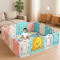 Hukimoyo 16 Panel Playpen for Babies Upto 5 Year Foldable Baby Fence Playpen with Mat & Balls Activity Play Yard for Kids Play Area Indoor Setup Fence for Toddlers Outdoor Playarea with Gate (5.2x 6.1ft =30sqft) image 1