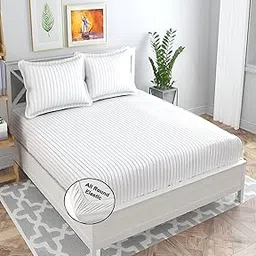Fitted Bedsheet, Elastic Fitted Bedsheets King Size, Bedsheet for Double Bed Elastic Fitted,144 TC Glace Cotton Premium Striped Fitted Bedsheet with 2 Pillow Cover(78x72 Inches-image-55