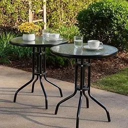 Outdoor Bistro Tables Set of 2, Round Glass Top, Black Metal Frame, Garden Patio Cafe Style (Pack of 2)-image-31