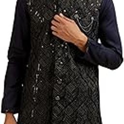 manyavar Men's Velvet Embroidered|Sequins Jacket Set (3pcs)-picture-48