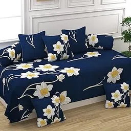 VOMZER Diwan Set Covers Cotton 8 Pieces Cotton Feel Designer Printed Diwan Set (1 Single Bedsheet, 2 Bolster Covers, 5 Cushion Covers) Blue-image-78
