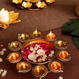 CRAZE CRAFTS Hammered Copper Look Diya Urli Flower Decorative Bowl for Floating Flowers and Tea Light Candles Home,Office and Table Decor| Diwali Decoration Items, Metal, Gold Finish. 500 ML-image-36