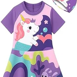 Bubble Berry Girls' Two-Piece Unicorn Swimming Costume with Cap | Short Sleeve | Skirted Dress Style-picture-12
