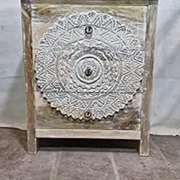 Nazar Art & Craft HandCarved Chest of Drawer | Antique Design Bedside Table with 3 Drawer for Living Room, Bedroom, Kitchen, Natural (W76.2 x D41 x H92CM)-picture-32