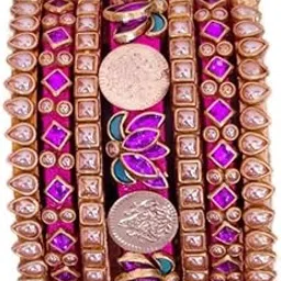 Nathans Global Handmade Kundan Stone Bangles for Women,3D Pink Lotus with mahalakshmi gold coin design Bangles - Indian Jewelry for casual, wedding, engagement, festival and Mordern Wear.-picture-22