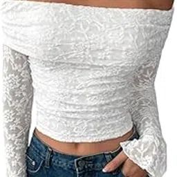 ootdfy Women's Elegant White Lace Long Sleeve Top, Square Neck Floral Pattern, Fitted Style, Stretch Fabric, Casual-picture-47