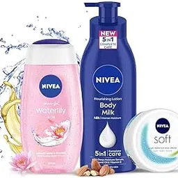 NIVEA Complete Regime Kit - Soft 300ml Moisturizing Cream, Body Milk 400ml Nourishing Lotion & Water-Lily Flower 250ml Refreshing Shower Gel-image-6